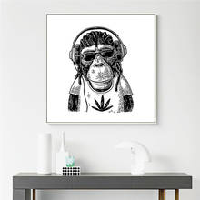 Animais dos desenhos animados imagem decorativa macaco engraçado com fone de ouvido pintura da lona preto branco parede arte cartaz nórdico decoração para casa 2024 - compre barato