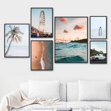 Pintura em tela para decoração de sala de estar, carro, palm, mar, praia, ondas, arte de parede, pôsteres nórdicos, impressões, imagens, decoração 2024 - compre barato