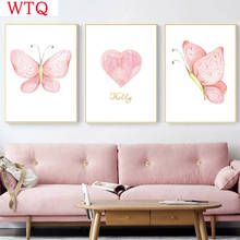 Pink Heart Butterfly Wall Art Print Custom Name Posters Nordic Canvas Painting Nursery Poster Wall Pictures Girl Baby Room Decor 2024 - buy cheap