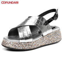 Silver Genuine Leather Sequins Flat Platform Sandals Women Summer Casual Shoes Ladies Sandales Femmes 2021 Sandalias Mujer 2024 - buy cheap