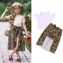2-7Y Kid Girls Clothes Fashion Summer Girls Clothing Set Solid Off Shoulder Top+Leopard Shorts Skirt Girls Clothes Set 2024 - buy cheap