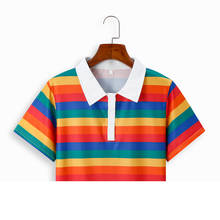 QRWR Korean Women T Shirts 2021 Summer Rainbow Striped Short Women's Top Cute Casual Lapel Short Sleeve T Shirt For Girls 2024 - buy cheap