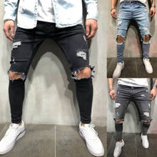 Calça jeans masculina preta, slim fit, rasgada, buraco, stretch, casual, destruído, desfiado, cinza, jeans lápis, calça 2024 - compre barato