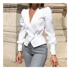 Elegant Sexy V Neck Short Blouse Solid Women Vintage Puff Sleeve White Shirts Casual Office Lady Crop Tops 2024 - buy cheap