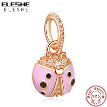 ELESHE 925 Sterling Silver Bead Charm Crystal Rose Gold Lucky Pink Ladybird Pendant Charm Fit Original Bracelet Jewelry Making 2024 - buy cheap