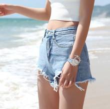 Shorts feminino cintura alta, jeans curto rasgado sexy verão preto branco azul plus size 2024 - compre barato