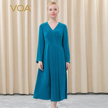 VOA 30m/m Heavy Silk Blue V Collar Long Sleeve Asymmetrical Fold Waist Large Swing Long Sleeve AE517 Maxi Dresses for Women 2024 - buy cheap