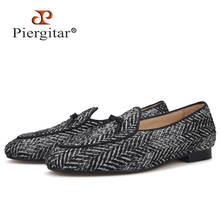 Piergitar handmade grey black knitted fabric men loafers with leather tie classic men's smoking slippers plus size 2024 - buy cheap