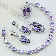 4PCS Purple Cubic Zirconia White CZ 925 Sterling Silver Jewelry Sets For Women Wedding Earrings/Pendant/Necklace/Bracelet/Ring 2024 - buy cheap