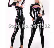 Unique  Bakc with Pink Strips Latex Bodysuit Open bust Rubber Catsuit Fetish Gay Costume Custom Made Plus Size 2024 - buy cheap