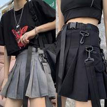 Mulheres gótico punk cintura alta plissado mini carga saia harajuku hip hop fivela cinto com zíper bolso sólido a line streetwear 2024 - compre barato