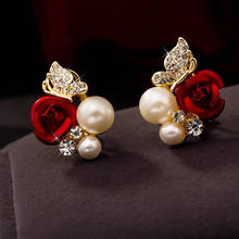 Red rose earrings pearl earrings inlaid with crystal zircon butterfly earrings fashion camellia flower earrings ladies jewelry 2024 - buy cheap