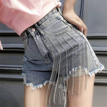 Rhinestone Fringed Denim Shorts High Waist 2021 Summer New Women Casual Loose Ladies Fashion Wide Leg Short Jeans Ripped Shorts 2024 - buy cheap