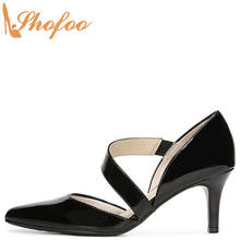 Black Patent Leather Women Pumps High Thin Heels Pointed Toe Large Size 15 16 Ladies Fashion Elastic Strap Mature Shoes Shofoo 2024 - buy cheap