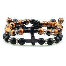 Classic 2pcs Cross Beaded Bracelets Handmade Natural Black Lava Tiger Eye Stone Bracelet Men Women Prayer Jewelry Couples Gifts 2024 - buy cheap
