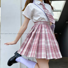 [Zui Mian] Long/Short sleeve Summer High Waist Pink Plaid Pleated Skirts Women Dress JK School Uniform Students Girls Clothes 2024 - buy cheap