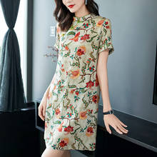 100% Natural Silk Women's Summer Dresses Chinese Style Mandarin Collar Short Sleeve Pure Real Silk Lady Floral Print Dress 2024 - buy cheap
