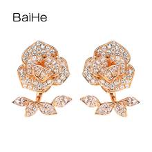 BAIHE-pendientes de oro blanco/amarillo/rosa para mujer y niña, aretes con diamantes naturales, flor rosa, 14K 2024 - compra barato