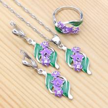Conjunto de joyas de plata de ley 925 para mujer, anillo de flor de esmalte verde púrpura, pendientes, colgante, collar, joyería de compromiso 2024 - compra barato