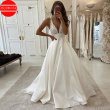 Sexy Deep V Neck Wedding Dress 2020 Boho Vestido De Noiva White Satin A Line Bridal Gowns Simple Appliques Back Less With Pocket 2024 - buy cheap