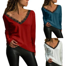 Camiseta de ganchillo de encaje negro, camisetas con cuello en V profundo para mujer, escote hueco en forma de V, Tops abiertos, camisa de Color liso 2024 - compra barato