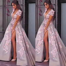 SuperKimJo Robe De Soirée Deep V Neck Elegant Prom Dresses for Women Lace Applique Dusty Pink Detachable Skirt Prom Gown 2024 - buy cheap