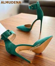 ALMUDENA Green Suede Square Buckle Strap Dress Shoes Thin High Heels Pointed Toe Women Banquet Pumps Size46 Runway Summer Heels 2024 - buy cheap