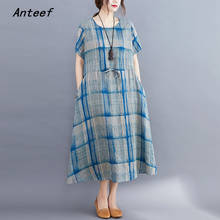 short sleeve cotton linen vintage plaid dresses for women casual loose long woman summer dress elegant clothes 2021 2024 - buy cheap