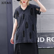 [XITAO] 2019 New Arrival Casual Women Fashion Loose Europe Broadcloth Short Sleeve Hollow Out Solid Color V-neck Tee DLL3339 2024 - buy cheap