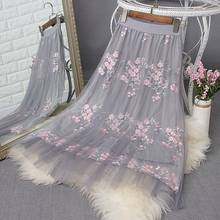 Vintage Elegant Flower Embroidery Mesh Women Skirts Korean Pleated A-Line Female Saias Casual Bohemian Style Summer Skirt 2024 - buy cheap