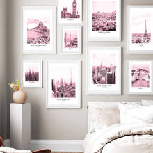 Pintura em tela cor-de-rosa, paisagem da cidade mundi, londres, paris, nova york, poster impresso, estilo nórdico, arte de parede, imagem, decoração de casa 2024 - compre barato