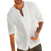 Camisa de manga comprida casual com decote em v de algodão de linho solto blusa blusa solta 2024 - compre barato