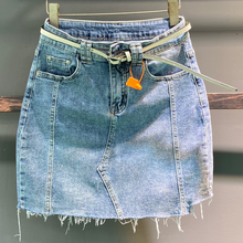 Saia jeans feminina folgada, saia curta de cintura alta com costura bruto e pacote de cores leves para verão 2021 2024 - compre barato