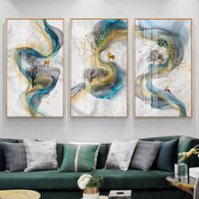 Cuadro de pintura de ciervo dorado abstracto para sala de estar, póster de gran tamaño, imagen artística de pared dorada azul, cuadro moderno 2024 - compra barato