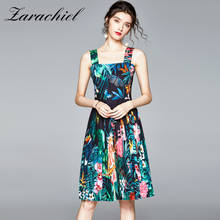 Runway Green Jungle Animal Summer Holiday Dress Women Spaghetti Strap Bird Multicolor Floral Print Boho Beach Pleated Dresses 2024 - buy cheap