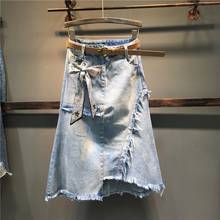 European Ripped Jeans Skirt Women 2020 Spring and Summer New Irregular Hem Tassels Denim Skirt Mid-Length A- Line Skirts 2024 - buy cheap