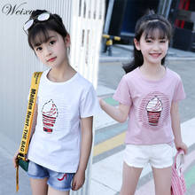 Weixu camisetas de verão para bebês meninas crianças sorvete lantejoulas manga curta top de algodão branco roupas para adolescentes 12 anos de idade 2024 - compre barato