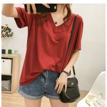 Camiseta feminina casual, camiseta de verão com gola v, cor sólida, cor vermelha, plus size, 8xl, 150kg, para mulheres 2024 - compre barato