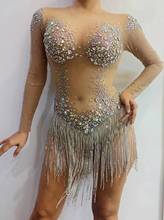 Roupa feminina brilhante com franjas strass, roupa para dança, aniversário, comemoração, manga comprida, cantor, roupa com borla 2024 - compre barato