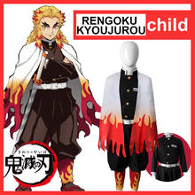 Kids Demon Slayer Cosplay Costume Kimetsu no Yaiba Rengoku Kyoujurou Kimono Uniforms Shirt Pants Coat Kimono Full Set Wig Child 2024 - buy cheap