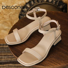 BESCONE Fashion Women's Sandals Casual Square Heel Buckle Strap Sandals Genuine Leather Summer Office Lady High Heels Shoes EO82 2024 - buy cheap
