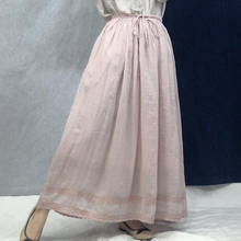 Johnature-faldas bordadas de retazos para mujer, faldas de lino de Color liso Vintage, cintura elástica con lazo, holgadas, novedad de verano 2021 2024 - compra barato