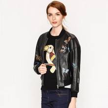 Women Genuine Casual Real Leather Bomber Jacket Sheepskin Slim Butterfly Embroidery Coat Ladies Fashion Overcoat 2024 - buy cheap