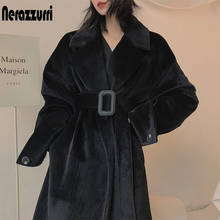 Nerazzurri Winter Oversized Long Black Faux Fur Coat Women Belt Long Sleeve Loose Warm Korean Fashion Fake Mink Fur Trench Coat 2024 - buy cheap