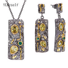 Long Rectangle Necklace Earrings Sets Lt Yellow CZ Stones Pendant 2 pcs set Necklaces Sets Jewelry for women 2024 - buy cheap