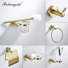 Falangshi acessórios de banheiro ganchos de robe anel de toalha escova de banheiro suporte de sabonete banheiro conjunto de hardware dourado escovado wb8834 2024 - compre barato