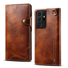 For Samsung S21Ultra Genuine Case Retro Oil Wax Cowhide Leather Case Handstrap Flip Wallet Bag Cover for Samsung Galaxy S21 Plus 2024 - buy cheap