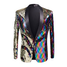 Blazer masculino com lantejoulas e glitter, jaqueta de terno para performance em palco com gola xale, slim, smoking, festa à noite 2024 - compre barato
