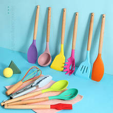 Utensílios de cozinha de madeira com espátula, conjunto de não aderente de silicone, resistente ao calor, utensílios de cozinha, caixa de armazenamento 2024 - compre barato