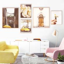 Cartel de puerta con paraguas de flor de coche amarillo, pintura en lienzo de paisaje urbano Vintage, impresión fotográfica, imagen artística de pared, decoración para sala de estar 2024 - compra barato